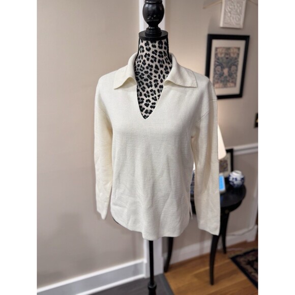 Talbots Sweaters - Talbots Sweater  Ivory Johnny Collar V-neck Classic Preppy Nautical S Wool Blend